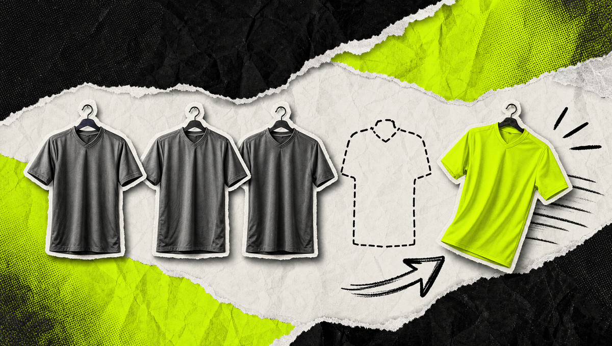 Collage: Trikotreihe mit gestrichelter Lücke, ein Volt-Trikot rückt nach