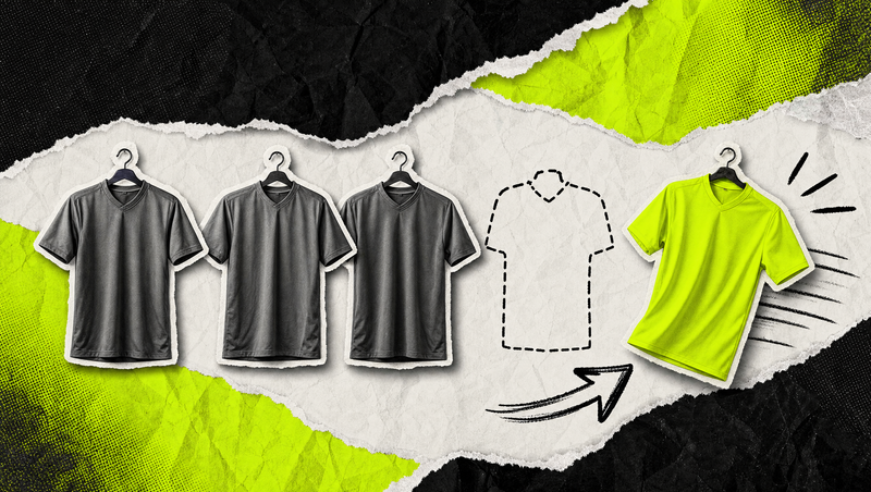 Collage: Trikotreihe mit gestrichelter Lücke, ein Volt-Trikot rückt nach