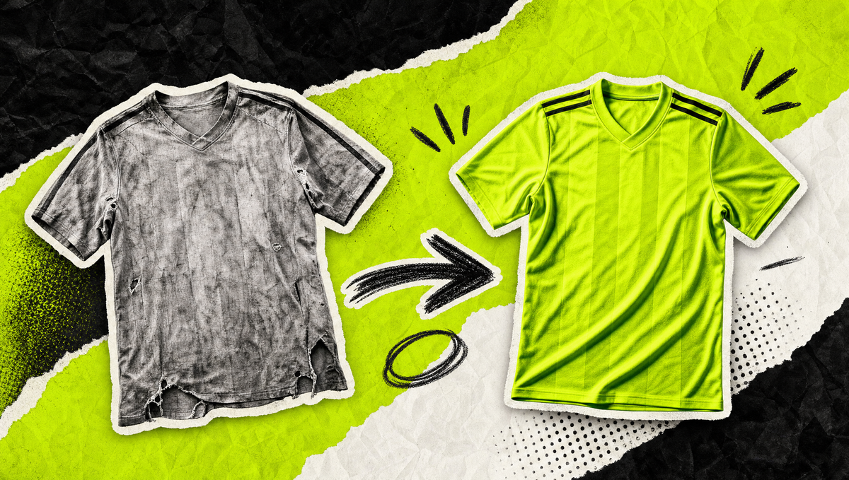 Collage: Verschlissenes Trikot, Pfeil, frisches Volt-Trikot: der Ausstatterwechsel