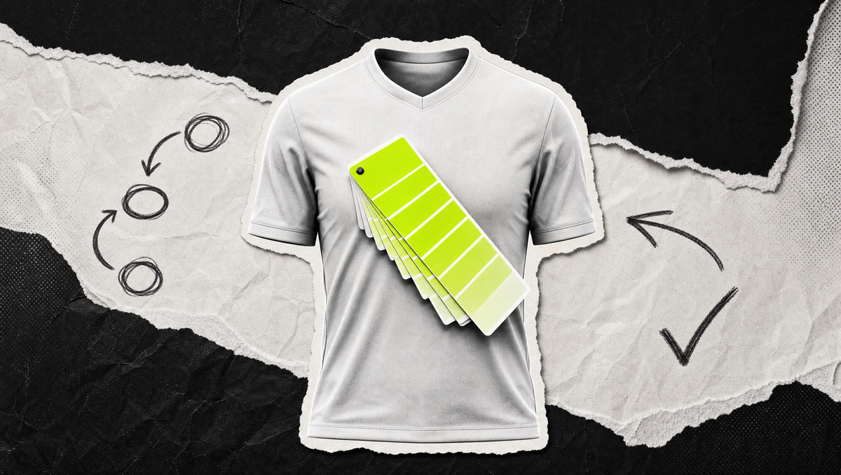 Collage aus gerissenem Papier: blankes Fußballtrikot mit leuchtend gelbgrünem Farbfächer als Sinnbild für das Gestalten eines Vereinstrikots