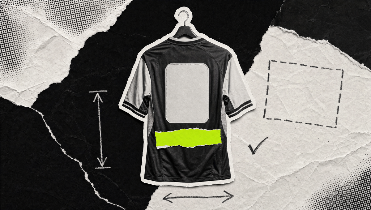 Collage aus gerissenem Papier: Fußballtrikot von hinten mit leerem Nummernfeld und einem Volt-Streifen an der Position des Rückensponsors