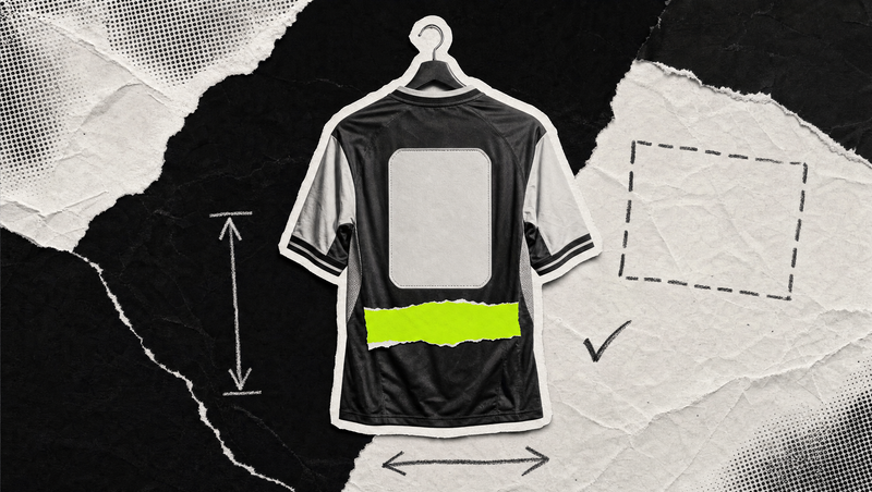 Collage aus gerissenem Papier: Fußballtrikot von hinten mit leerem Nummernfeld und einem Volt-Streifen an der Position des Rückensponsors