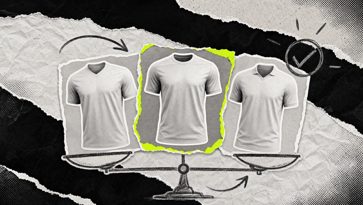 Collage aus drei gerissenen Trikot-Silhouetten, eine mit neongelber Kante, als Symbol für den Vergleich von Teamwear-Marken