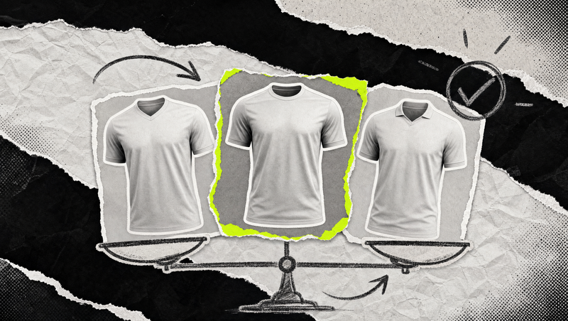 Collage aus drei gerissenen Trikot-Silhouetten, eine mit neongelber Kante, als Symbol für den Vergleich von Teamwear-Marken